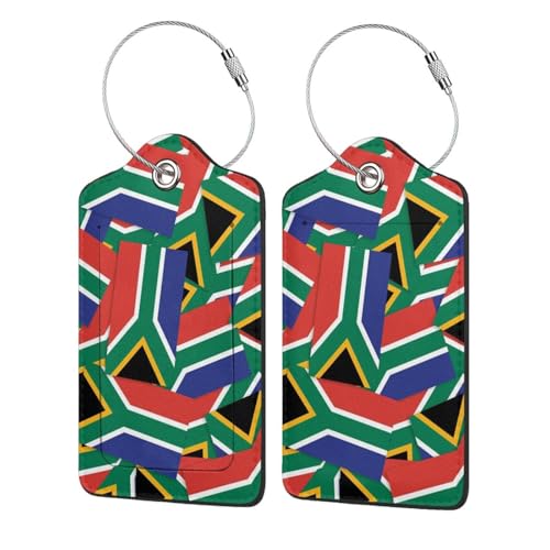 2 PCS South Africa South African Flag Leather Luggage Tags Funny Privacy Cover ID Label with Stainless Steel Loop Address Card for Men Women Suitcase Travel Bag