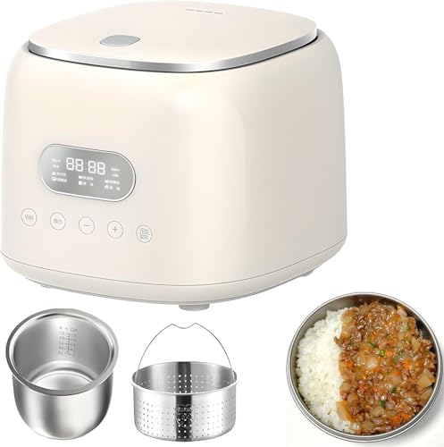 JoyeeLii 110V対応のスマート炊飯器。食品グレードのステンレス製内釜とフィルターバスケット付き。家庭用、蒸し料理、煮込み料理、煮込み料理に最適。 (ホワイト,+ 蒸し器)