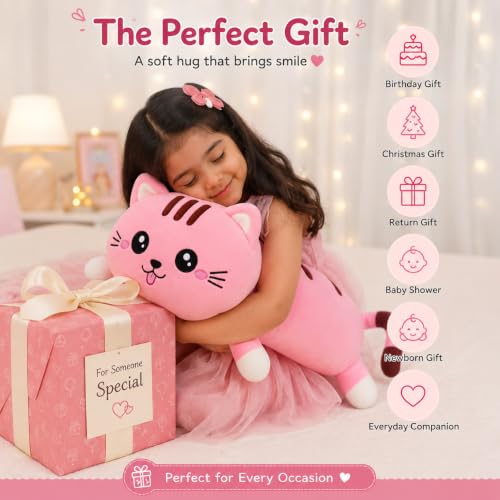 Image of cat Soft Toys and Pillow Kids, Plush Hugging Cushion, - Long Hugging Plush Toy for Kids & Girls | Ultra-Soft Sleeping Cushion | Cute Animal Stuffed Toy (60 cm) (Light Pink)