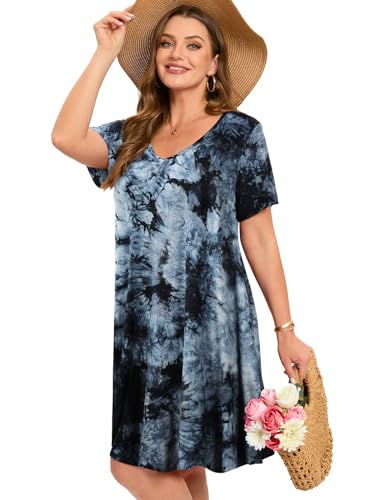 Image of ZENNILO Women's Plus Size Swing Dress with Pockets Casual Summer Dresses V Neck Short Sleeve T Shirt Dress for Women