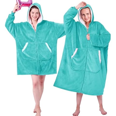JOYWOO Wearable Blanket Hoodie, Oversized Hooded Blanket for Adult, Birthday Christmas Gifts for Women Men, Cozy Fuzzy Sherpa Sweatshirt Blanket with Giant Pocket and Zipper, Teal Cover
