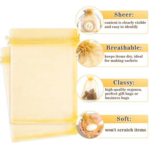Image of Sukh Gold Organza Bags 5''x7'' - 100pcs Sheer Mesh Drawstring Bags for Jewelry, Soap, Fruits, Candy, Small Gift Bags for Weddings, Valentine's Day, Mother's Day, Halloween, Thanksgiving, Christmas