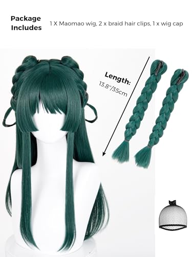 Image of Half and Half Maomao Cosplay Wig + Braid Hair Clips, 22.8'' Long Straight Dark Green Anime Wigs with Bangs for Women Halloween Party Daily