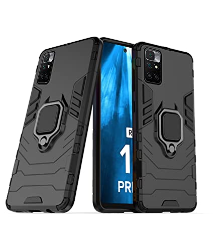 Image of Pikkme Polycarbonate Mi Redmi 10 Prime Back Cover | D5 Tough Armor Bumper | 360 Protection Case | Ring Holder Stand Case for Mi Redmi 10 Prime (Black)