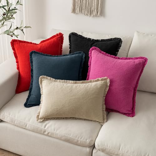 Image of MIULEE Decorative Throw Pillow Covers Neutral Linen Fringe Throw Pillows Set of 2 Red Boho Farmhouse Cushion Covers with Tassels for Couch Sofa Bed Living Room Spring Home Decor 18x18 Inch
