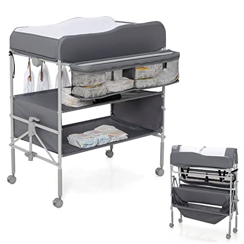 Image of BABY JOY Portable Baby Changing Table, Foldable Infant Diaper Changing Station w/Storage Basket & Shelves, Clothes Rail, Height Adjustable Newborn Nursery Organizer w/ 4 Lockable Wheels (Gray)