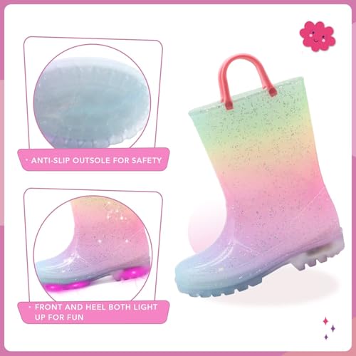 EUXTERPA Toddler Kids Waterproof Light Up Rain Boots Patterns and Glitter Boots with Handles for Boys Girls3