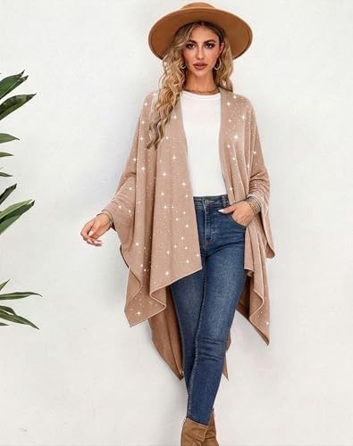 Image of Womens Rhinestones Open Front Poncho Shawl Wrap Cape Ruana Travel Blanket Cardigan
