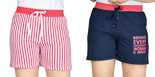 Image of Club A9 Women's Cotton Printed Shorts | Short Pants | Hot Pants (Pack of 2) (M, Pink Stripe, Navy Blue)