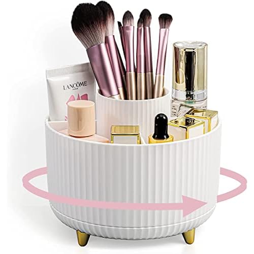 Yuehuamech Rotating Makeup Brush Organizer Spinning Make up Brush Stand Holder 5 Slot Decorative Stationery Storage Boxes Cosmetics Display Organiser for Brushes Lipsticks Pencils Comb