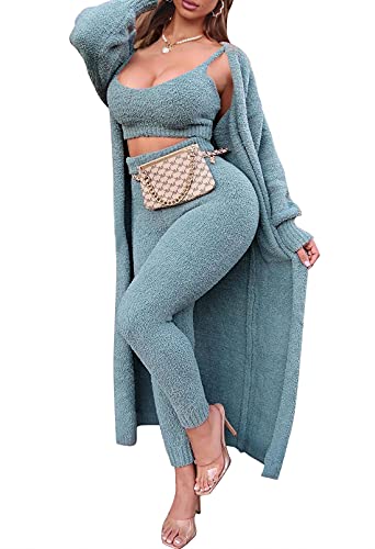 Women's Fleece 3 Pc Teddy Loungewear Spaghetti Strap Crop Tank Wide Long Pants Fuzzy Kimono Cozy Sweatsuit Set Light3