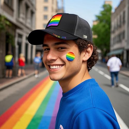 Image of Unisex Pride Trucker Hat, LGBT Rainbow Stripes Embroidered Baseball Cap, Adjustable Snapback Mesh Hat for Men Women