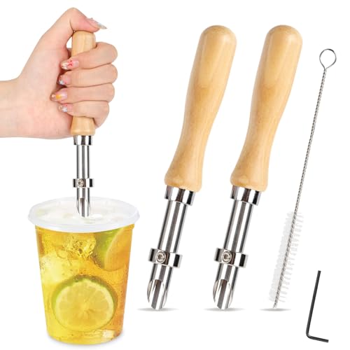 2 Pcs Straw Puncher for Plastic Lids Lemonade Cups Stainless Steel Circular Hole Wooden Handle Straw Puncher for Fresh Squeezed Lemonade Cafe Drinks