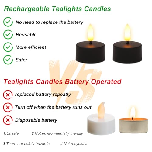 Image of GenSwin 12 Rechargeable Tea Lights Candles with Charging Base and Remote Timer, Flameless LED Tealight Candles Battery Operated Halloween Fall Wedding Table Centerpieces (Black, 1.57 inch x 1.85 inch)