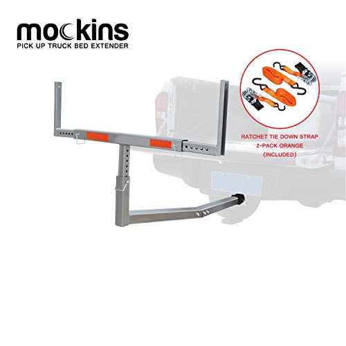 Mockins Heavy Duty Steel Pick Up Truck Bed Extender with Ratchet Straps | The Hitch Mount Truck Bed Extension can be Used for Lumber or a Ladder or a Canoe & Kayak - Stainless