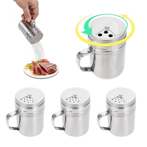 HUANR 4 Pièces Pots à Épices, avec Poignée Salière, Pivotant Saupoudreuse Sucre Glace, Couvercle avec Tamis à Poudre à 3 Ouvertures, Acier Inoxydable, pour Maison, Pique-Nique, Barbecue