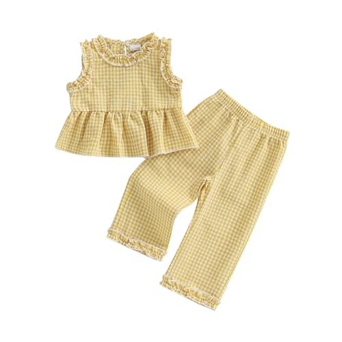 Kupretty Toddler Girl Clothes Baby Summer Outfits Striped Ruffle Sleeveless Vest Tank Tops Pants Set 1T 2T 3T 4T (Yellow 18-24 Months)