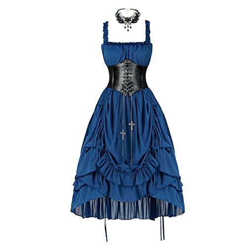 steampunk victorian corset women's dark blue and black angel dress QATAINLAV Gothic for Women Cold Shoulder Puff Sleeve Dresses Vintage Ruffle High Low Dress Hippie Clothes, Blue, L measure there Teyujosem Women's Steampunk Dress Renaissnace