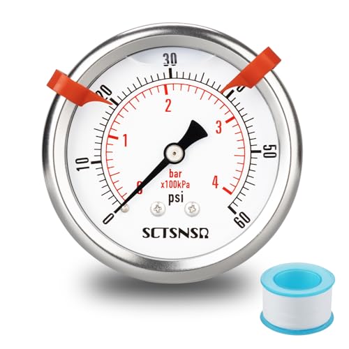 SCTSNSR 0 to 60 Psi Pressure Gauge, Glycerin Liquid Filled, 2.5 inch Dial, 1/4" NPT Back Mount, Stainless Steel Case, for Swimming Pool Sand Filter, Water Pump, Regulator, Air, Oil, Low Pressure Test