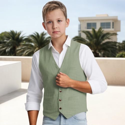 Boys Linen Vest for Kids Casual Summer Beach Waistcoat with Pocket Slim Fit Wedding Ring Bearer Outfit3