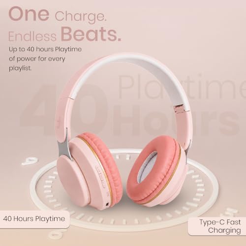 Image of PunnkFunnk FusionBeat Wireless Bluetooth Headphones with BT 5.3, Noise Cancelling, Hi-Res Audio, 40mm Drivers, Deep Bass, Memory Foam Ear Cushions, Over-Ear Headset, Teens & Adults (Pink)