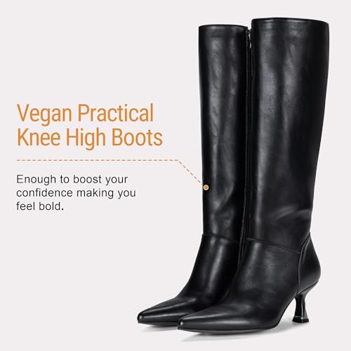 Image of Vepose Women's Knee High Tall Faux Leather Boots, Pointed Toe Kitten Heeled Dress Ladies Fashion Riding 9525 Boots with Side Zipper, Elegantes Casual Comfort Botas Trendy Para Mujer