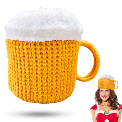 Beer Glass Knitted Hat - Warm Winter Thermal Windproof Beanie for Unisex Christmas Carnival Party, Yellow, M