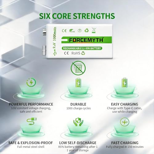 Image of 9V Rechargeable Lithium Battery with Charger, 1000mAh High Capacity, USB-C Direct Charging & Wireless Charging, Stable Output, 1,200+ Recharge Cycles, Long Shelf Life