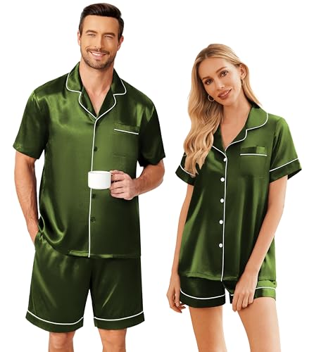 Ekouaer Satin Matching Pajamas Sets Couple Silk Button Down Sleepwear Women & Men Short Sleeve Pjs Lounge Set Dark Army Green,M