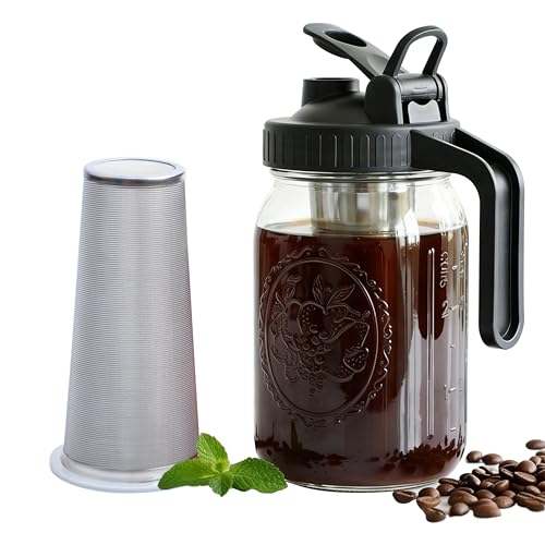 Cold Brew Coffee Maker 32 Oz Wide Mouth Mason Jar Pitcher With stainless steel Filter 1 Quart...