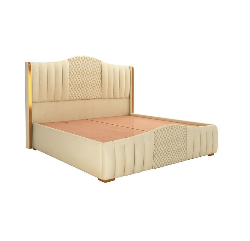 Image of STRATA FURNITURE Solid Wood King Size Bed with Box Storage and Upholstered Headboard | Wooden Double Bed Cot Palang for Bedroom, Home, Hotel & Guest Room Furniture (Beige)