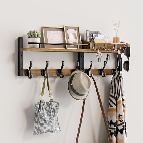Image of 29 inch Coat Rack Wall Mount with Shelf, Entryway Wall Shelf with Hooks, Heavy Duty Coat Hanger Wall Mount with Key Holders and Mail Organizer for Living Room, Bedroom, Wooden Brown & Black