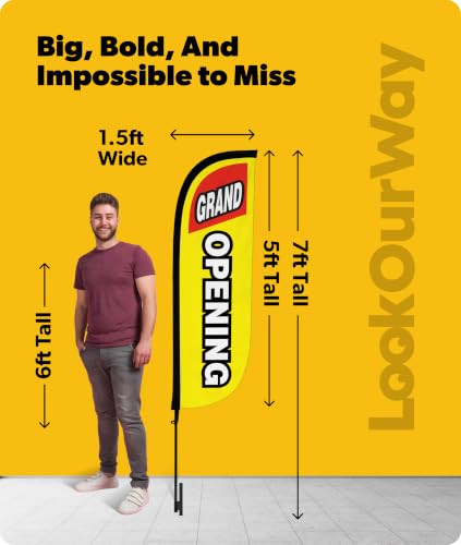 Image of LookOurWay Feather Flag Pole Kit - 7 Feet Tall Advertising Banner with Fiberglass Pole Set and Ground Spike for Business Promotion - Open Flags - Grand Opening Yellow & Red