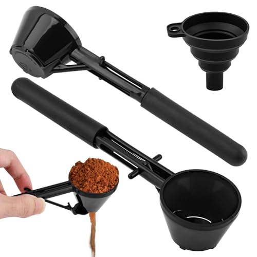 Coffee Powder Scoop with Funnel, Measuring Scoop for Protein, Milk Powder & K Cup Refills, 10g-0.35oz Accurate Measure, Long Handle & Slide-Bottom Design for Mess-Free Pouring(COLOR:Black)