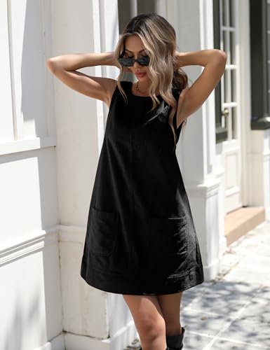 Image of Hooever Women's Corduroy Overall Dress Round Neck A Line Skirtall Jumper Mini Dress Pinafore with Pockets