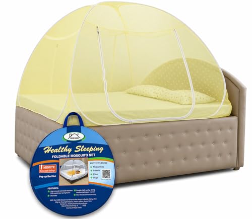 Image of Healthy Sleeping Pop up | Mosquito Net | Double Bed | King Size | Queen Size | Single Bed | Foldable Machardani | Polyester 30GSM Strong Net (Yellow)