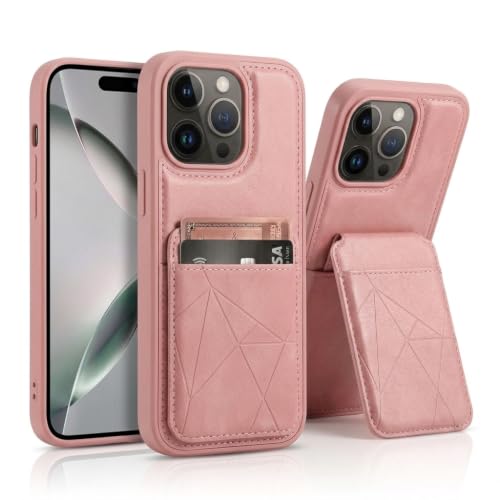 Image of amazon basics Premium Vegan Leather Back Cover with Card Holder and Integrated Mobile Stand for iPhone 16 Pro - Slim Shockproof Wallet Case with Geometric Stitching [Pink]