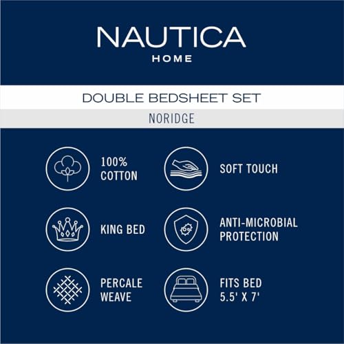 Image of NAUTICA Cotton King Bedsheet with 2 Pillow Covers -3pc Set (noridge) | 160TC | Super Soft Touch Stripe-red /Blue