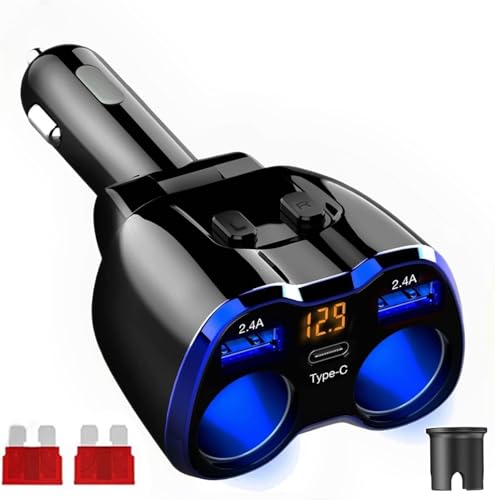 USB C Auto Ladegerät Zigarettenanzünder Verteiler Adapter Splitter Typ C KFZ Ladegerät 2 Fach Steckdose 12V/24V DC 120W mit LED 12V/24V DC 120W LED Voltmeter Schalter Dual USB Port (Blau)