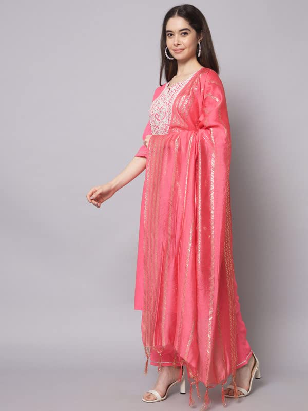 Image of VredeVogel Women's Chanderi Modal Butti Flare Kurta with Pant & Embroidered Chanderi Dupatta Set