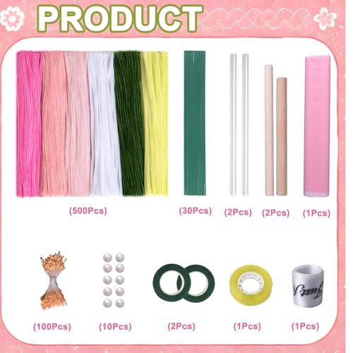 Pipe Cleaners Flower Craft Kit - 500 Pcs 6 Colors Pipe Cleaner Bulk, Chenille Stems for Bouquet Making Supplies Set with Video Tutorials, DIY Art Craft Project Creative Gift for Teen Girls Woman - Thumbnail 2
