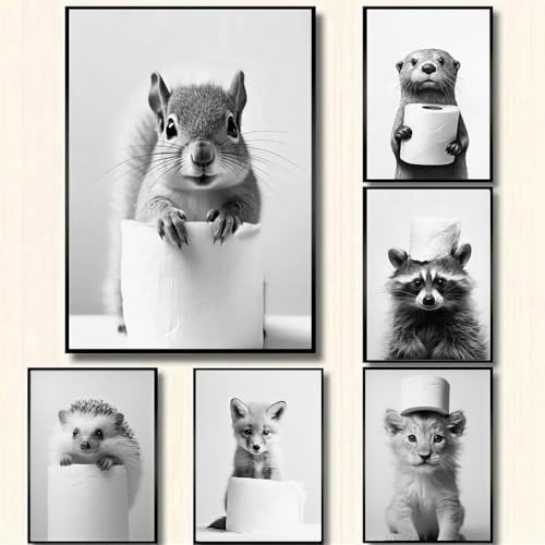 Affiche Murale Noir et Blanc Humour Animaux Photos Deco Salle de Bain Tableau Poster WC Art Affiche Drole Toilette Tableau Humoristique WC Toile Poster Mural...