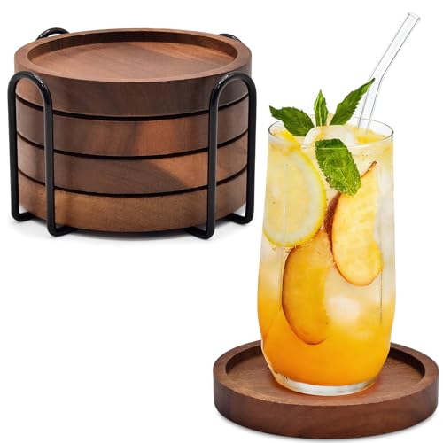 Wood Drink Coasters with Holder Set of 4 Natural Absorbent Wooden Coasters for Drinks Modern Rustic Farmhouse Office Bar Decor Coffee Table Cup Coaster