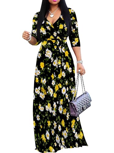 Image of PinkPatty Plus Size Maxi Dress for Women Casual V Neck 3 /4 Sleeve Boho Printed Long Dress with Pockets