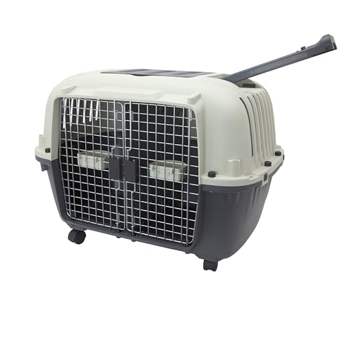 Image of SportPet Airline Compliant 2-Door Large 34.5 inch Travel Dog Kennel - Durable Plastic Pet Carrier w /Divider, Wheels, & Bowls, Collapsible Indoor /Outdoor Dog Kennel, Dogs up to 28 inch L & 20 inch H - Cream /Gray