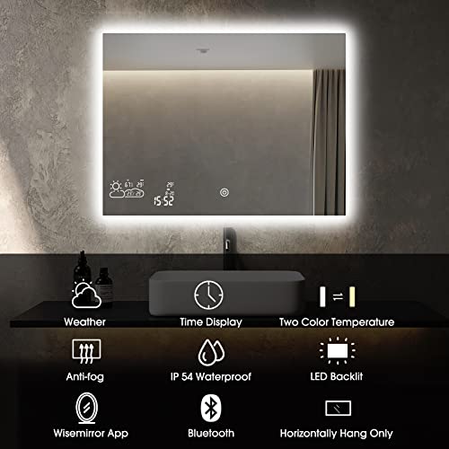 Byecold Smart Bathroom Mirror With Bluetooth Wi-Fi Enabled Weather Display, 32”X 24” Fog Free, Led Light Vanity Mirror Backlit Frameless Lighted Touch Sensor Makeup For Wall - Horizontally Hang Only #TOP1