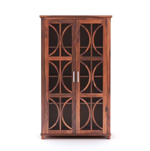 Image of SONA ART & CRAFTS Sheesham Wooden Crockery Cabinets with Glass Door | Wooden Showcase Almirah | Solid Wood Book Shelf Crockery Unit for Kitchen Living Room (Honey Finish-CC04)