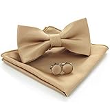 JEMYGINS Flache Gold Textur Fliege Einfarbig und Einstecktuch mit Manschettenknöpfe Sets für Herren(6)