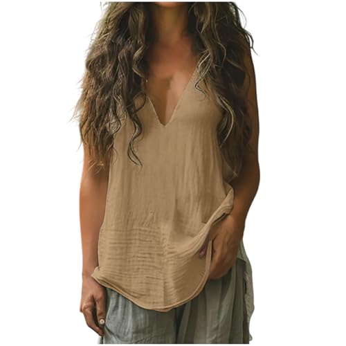 Dyhxuan Camiseta de tirantes para mujer, sin mangas, básica, vintage, muselina, cuello en V, camiseta de tirantes para verano, ligera, holgada, elegante, camiseta de tirantes para mujer, S-2XL, caqui