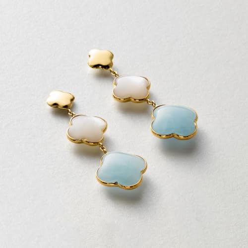 Image of Ross-Simons Italian Mother-Of-Pearl and 5.00 ct. t.w. Aquamarine Clover Drop Earrings in 14kt Yellow Gold